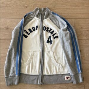 Vintage Aeropostale Sweatshirt Sweater full zip White Aero Blue Gray Size M